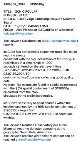 ICECUBE was one of the first observatories to look for other counterparts for S190150g (Source: gracedb.ligo.org)