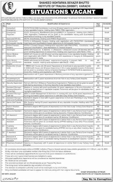 Dr - peramadical - Accounttant jobs in Benazir bhutto shahid hospital karachi SMBBT jobs 2021 shaheed mohShaheed mohtarama benazir button institute of trump ( SMBBT ) karachi jobs 2021.  Dr - peramadical - Accounttant jobs in Benazir bhutto shahid hospital karachi SMBBT jobs 2021 shaheed mohtarma benazir bhutto institute is a well reputed hospital which is located in karachi they have post a vacant many department. Dr,peramadecal staff,nurse,hosekeping ,Accountant,hr staff require apply before 12 July shaheed mohtarma benazir bhutto institute of trauma karachi jobs |2021tarma benazir bhutto institute is a well reputed hospital which is located in karachi they have post a vacant many department. Dr,peramadecal staff,nurse,hosekeping ,Accountant,hr staff require apply before 12 July 20   nurse jobs,assistantjobs,accountantjobs,medical assistant jobs,nursing jobs near me,accounting jobs near me,staff nurse vacancy,physician assistant jobs,staff nurse,medical staffing jobs,  Post vacancy details are given below.