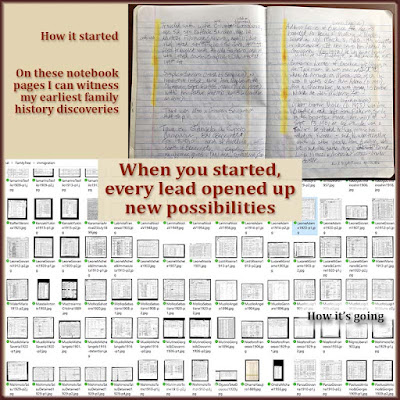 "How it started" was a notebook filled with info from ship manifests. "How it's going" is a collection of 505 digital manifest images.