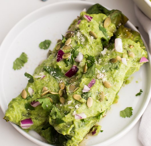 Whole30 Enchiladas with Poblano-Pork Stuffing & Creamy-Avocado Sauce #diet #healthydinner