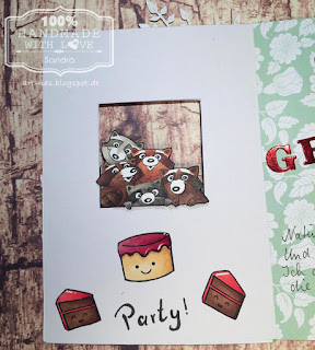 Birthdaycard inside with racoons from Art Impressions Set "Any Cake", Lawn Fawn "Year Three" Cake and Copic coloring