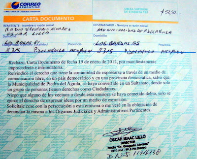 Radio Gregorio Alvarez se defiende y responde la carta documento con otra carta documento.-