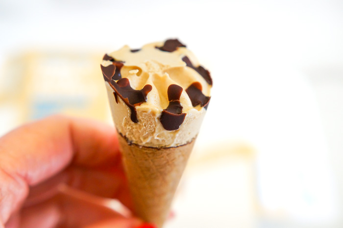 Trader Joe's Hold the Dairy! Salted Caramel Mini Frozen Dessert Cones, close-up