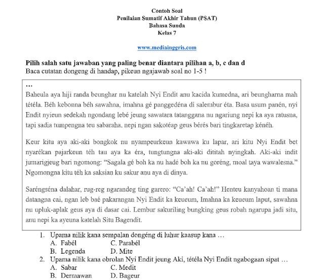 Download Contoh Soal, Kisi-Kisi, dan Kartu Soal Penilaian Sumatif Akhir Tahun (PSAT) Bahasa Sunda Kelas 7 Lengkap Dengan Jawaban