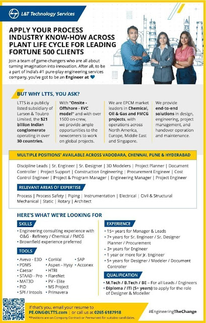 L&T Technology - Multiple Positions in Sr. Engineer / Sr. Designer / 3D Modelers / Project Planner / Document Controller / Project Support / Construction Engineering / Procurement Engineer / Cost Control Engineer / Project Engineer / Engineering Manager AndhraShakthi - Pharmacy Jobs