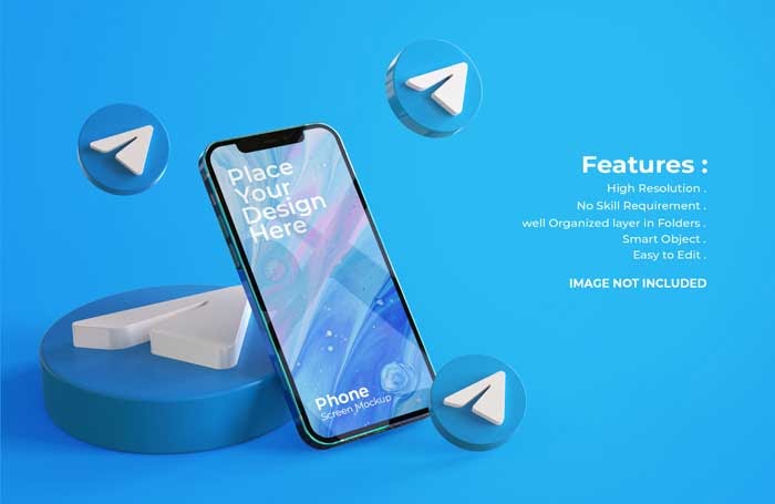 Download 3d Telegram Icons With Mobile Screen Psd Mockup