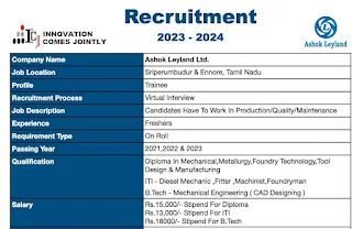 ITI, Diploma and B.Tech Jobs Recruitment 2023 for Ashok Leyland | Campus Placement Drive for Ashok Leyland