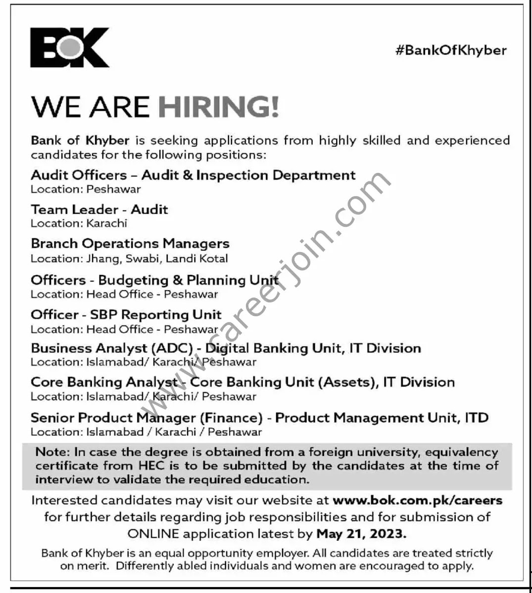 Jobs in BOK Bank of Khyber