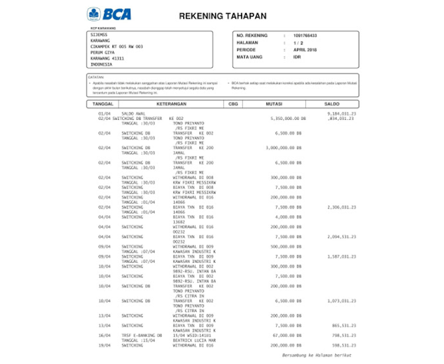 Contoh Rekening Koran BCA dan Cara Memperolehnya