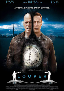 poster movie looper, bruce willis and joseph gordon levitt, a time travel movie