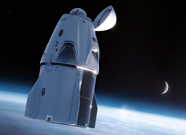 An artist's concept of Inspiration4's Crew Dragon spacecraft...which will have a viewing cupola installed for the four all-civilian astronauts to observe Earth and the cosmos.