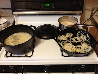 So Much To Do at Once...Potatoes, Onions and Sauce Cooking.