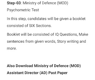 Ministry of Defence (MOD) Sub Inspector AD Psychometric Paper Pattern