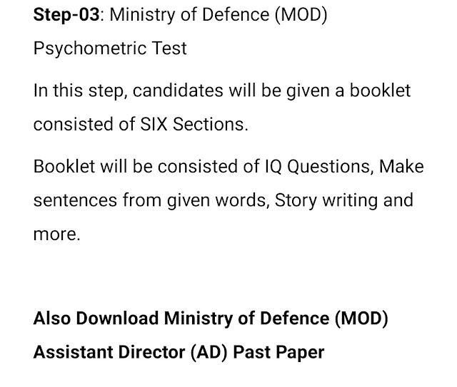 Ministry of Defence (MOD) Sub Inspector AD Psychometric Paper Pattern 