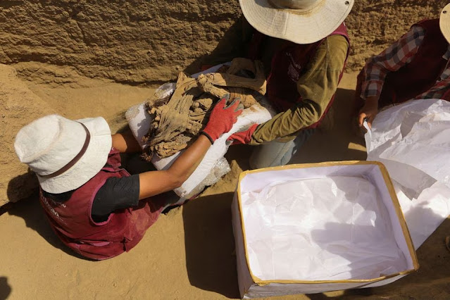 Εργάτες τυλίγουν τα σκελετικά λείψανα και τα μέρη της ταφικής δέσμης μιας μούμιας που βρήκαν Περουβιανοί αρχαιολόγοι στα ερείπια της Cajarmarquilla, στα περίχωρα της Λίμα, στο Περού. [Credit: Sebastian Castaneda/Reuters]