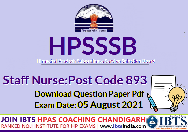 HPSSC Hamirpur Staff Nurse Exam Post Code 893 Question Paper Held On 05 August 2021 (Download PDF)