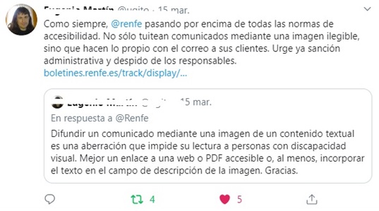 persona ciege quejandosé de la falta de accesibilidad de la web de Renfe