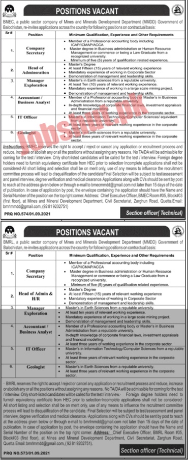 Mines And Minerals Development Department Mmdd Govt Of Balochistan Jobs 2021