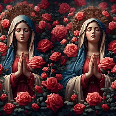La Virgen María entre un jardín de rosas rojas