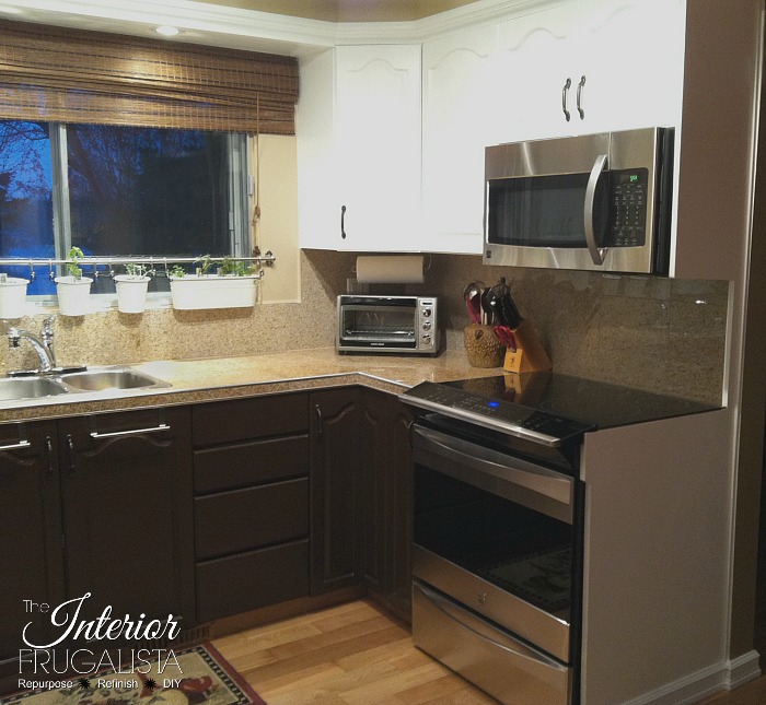 Helpful tips for painting golden oak kitchen cabinets white for a lasting finish plus a two-toned look for a budget-friendly kitchen makeover.