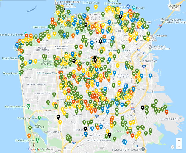 Google map with pins representing every stairway in San Francisco