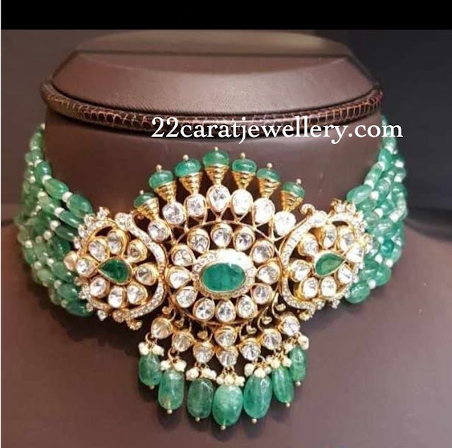 Emerald Beads Choker with Polki Diamonds