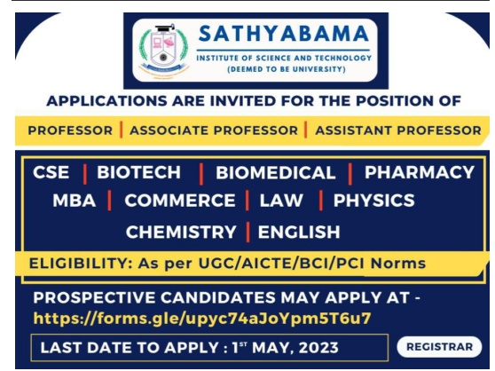 Sathyabama Biotech Faculty Jobs