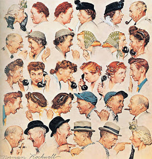 A ilustração de Norman Rockwell mostra cinco linhas com pares de pessoas conversando frente a frente. Os personagens são retratados do peito para cima, tem idade entre mais ou menos quarenta e setenta anos. Todos usam penteados, chapéus e roupas da década dos anos cinquenta. A conversa que sugere uma grande fofoca que se inicia na primeira linha com uma mulher idosa de cabelos brancos, ela usa elegante chapéu branco com flores e luva preta. A mulher coloca a mão em concha próxima a boca e fala com uma senhora gorda e ruiva com ar de espanto. Assim sucessivamente as informações vão sendo transmitidas de um para o outro. Alguns olham com ar de incredulidade, outros gargalham, apontam, falam ao telefone. Até que a última pessoa da última linha recebe a informação de um senhor de chapéu com dedo em riste acusando. A personagem que é acusada pelo senhor com dedo em riste é a primeira mulher da primeira linha que iniciou a fofoca.