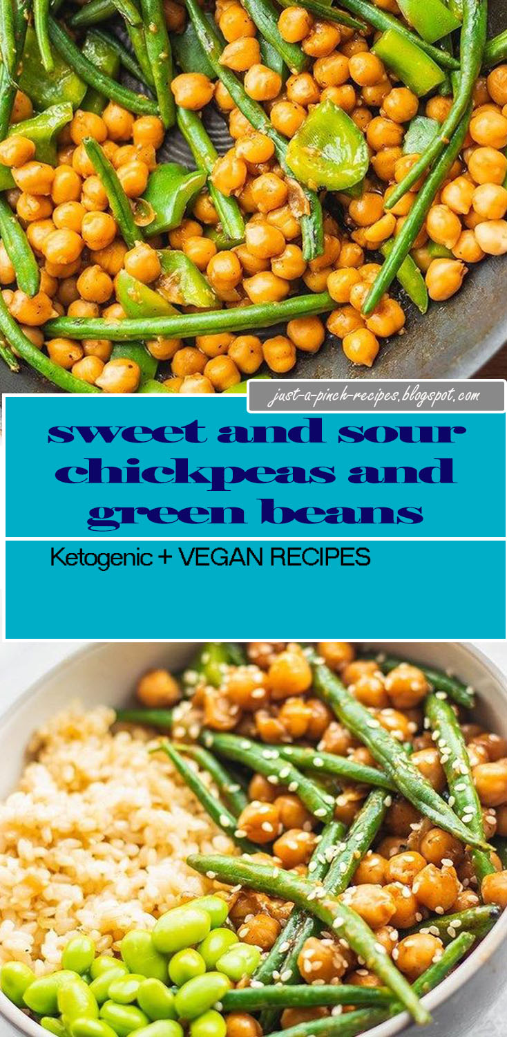 These sweet and sour chickpeas and green beans is a healthy vegan recipe that's perfect for a quick weeknight dinner. Not only is this dish super easy to make, but it also takes 10 minutes from start to finish. Gluten-free and oil-free. #veganrecipes#vegandinner #chickpeas #easyrecipes#glutenfreevegan