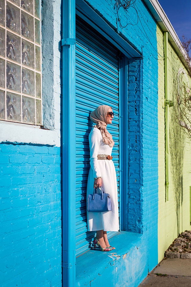 White Long Sleeve Flare Dress-Modest Dress-White Summer Dress-Hijab Fashion-Vela Pleated Scarf-Multi Color Heels-Hijabi Blogger-Modest Fashion-Fashion Blogger-Little Havana Baltimore