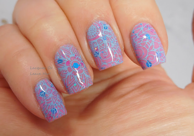 UberChic Beauty 11-02 over Lorelei Lacquer Sticky Popsicle Fingers, stamped with Messy Mansion Hydrangea Blue