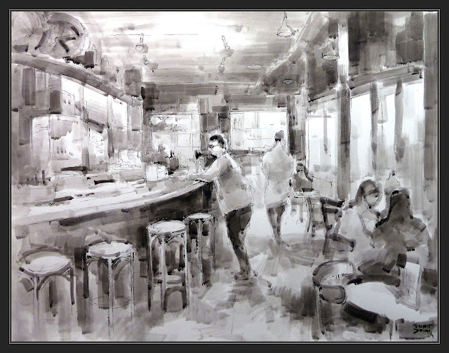 DIBUJO-DIBUIX-CAFETERIA-INTERIORES-PERSONAJES-DIBUJAR-TINTA CHINA-DIBUJOS-ARTISTA-PINTOR-ERNEST DESCALS
