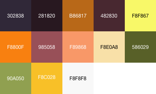 Colour Blocks labeled with the Hex colour codes from the sprite