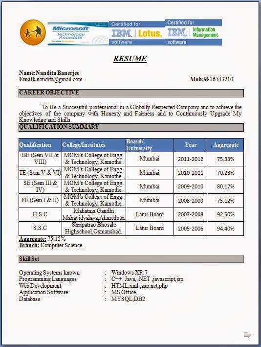 Fresher Resume Format