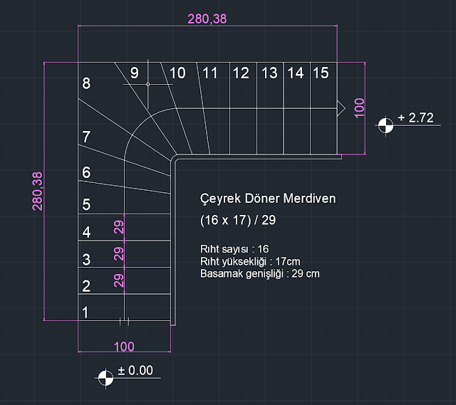 autocad hazır çeyrek döner merdiven çizimi