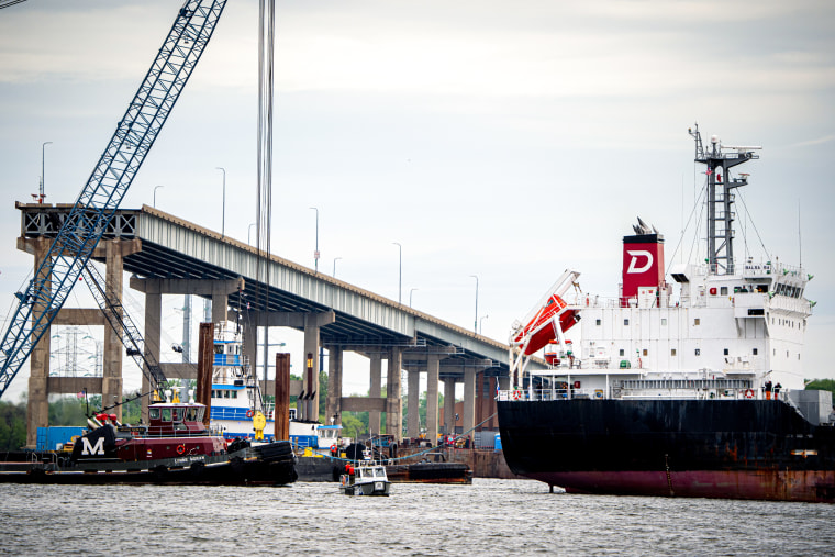 'Balsa 94', a bulk carrier cargo ship, passes through a new deep-water channel by the wreckage of the Francis Scott Key Bridge in Baltimore
