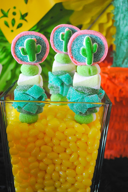 Jelly Belly jelly beans add pops of color to candy kabobs at this Fiesta party