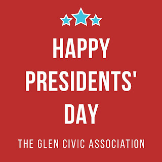 A red box with blue stars above the words Happy Presidents' Day