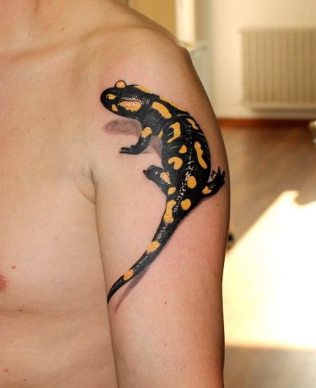 Yellow-Black-Salamander-Shoulder-Tattoo