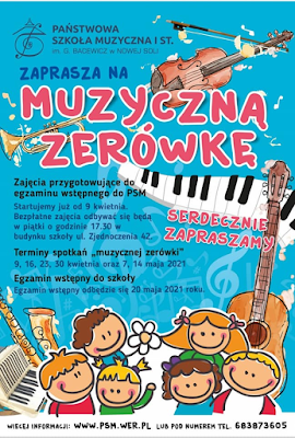 Na niebieskim tle znajdują się uśmiechnięte dzieci oraz instrumenty muzyczne