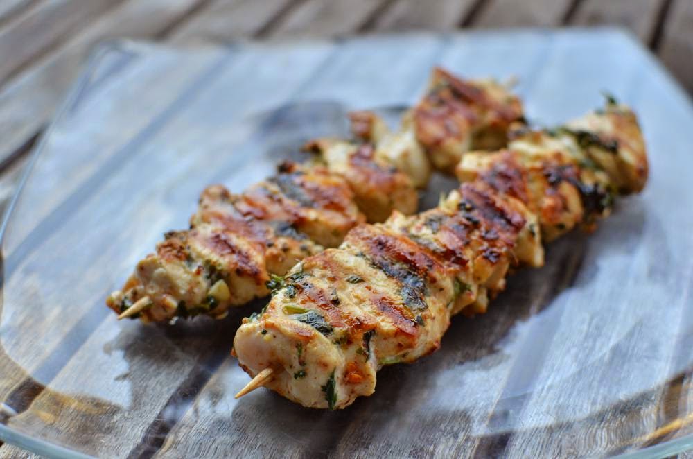 Recipe Grilled Chicken kabobs with lemon, coriander, and sesame oil marinade