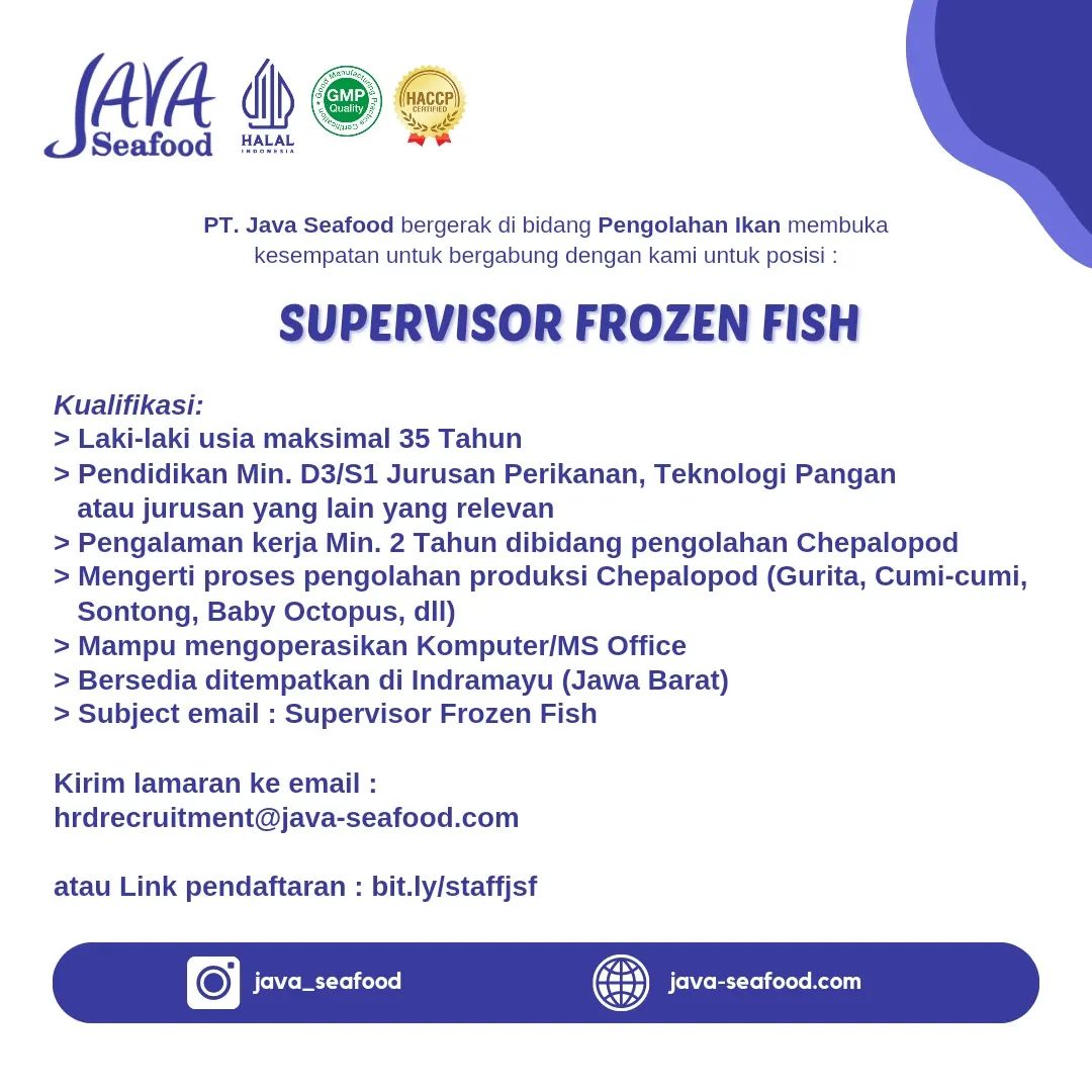 Lowongan Kerja Supervisor Frozen Fish PT. Java Seafood Indramayu