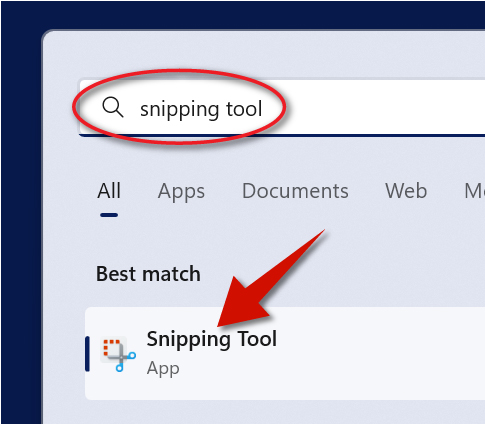 The second step is to then type Snipping Tool in the search box. After that, choose the Snipping Tool from the list of results.