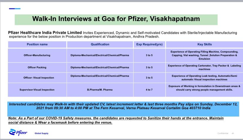 Job Availables,Pfizer Walk-In-Interview For Diploma in (Mechanical/ Electrical/ Chemical/ Pharma)/ B.Pharm/ M.Pharm