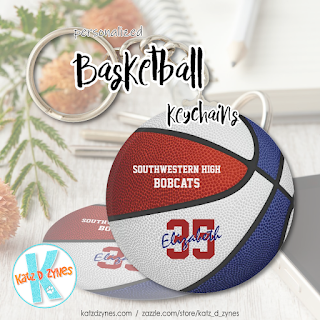 red white blue team colors basketball keychain for girls or boys  - sports team gifts under 10