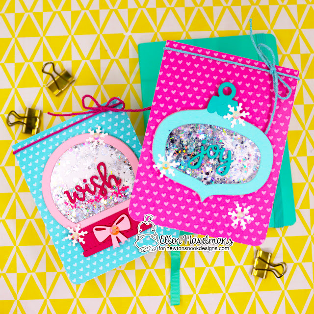 Christmas Shaker Cards by Ellen Haxelmans | Ornament Shaker and Snow Globe Shaker Die Sets, Confetti Hot Foil Plate and Love & Chocolate Paper Pad by Newton's Nook Designs #newtonsnook #handmade