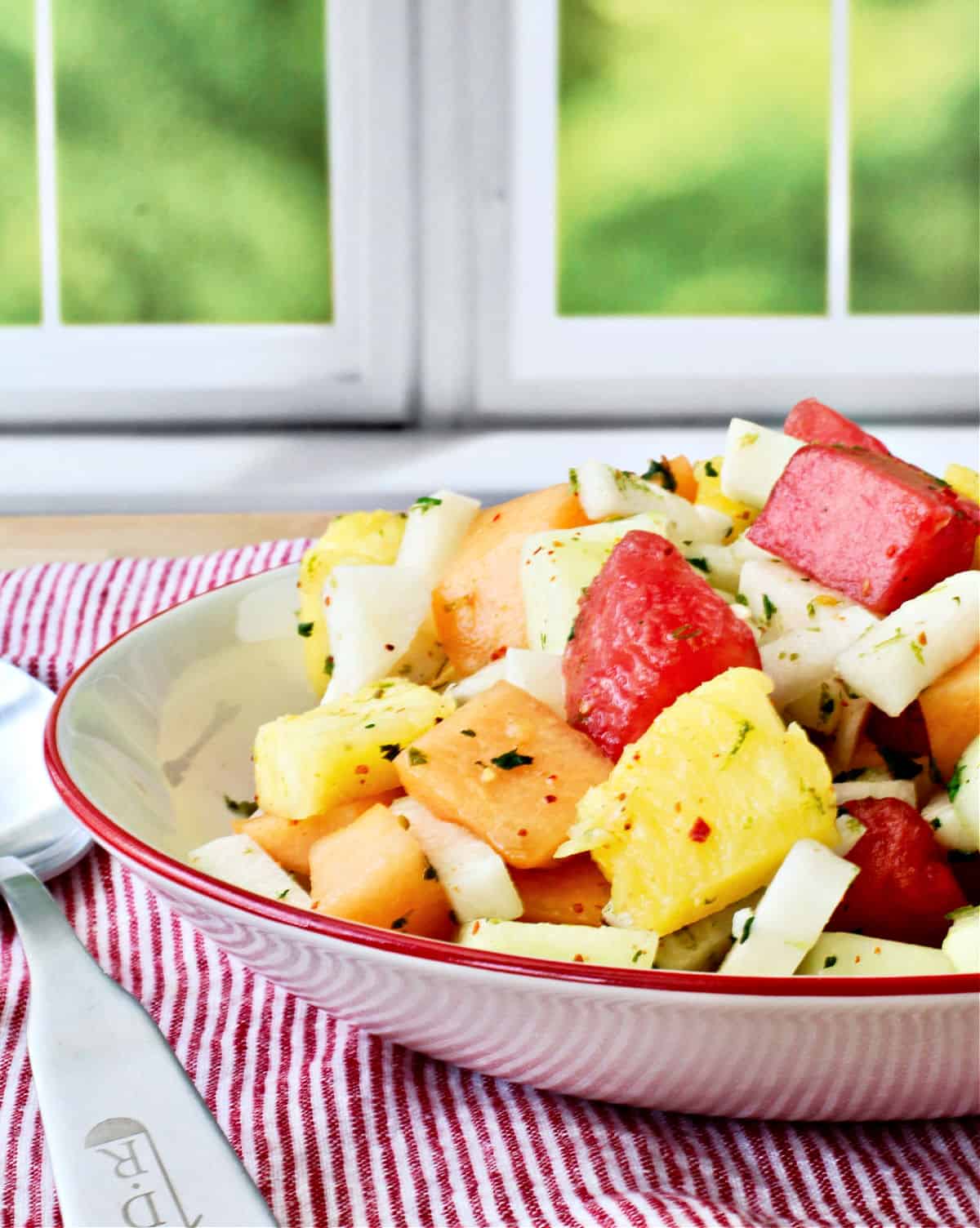 Melon, Jicama, and Pineapple Salad in a red rimmed white bowl.