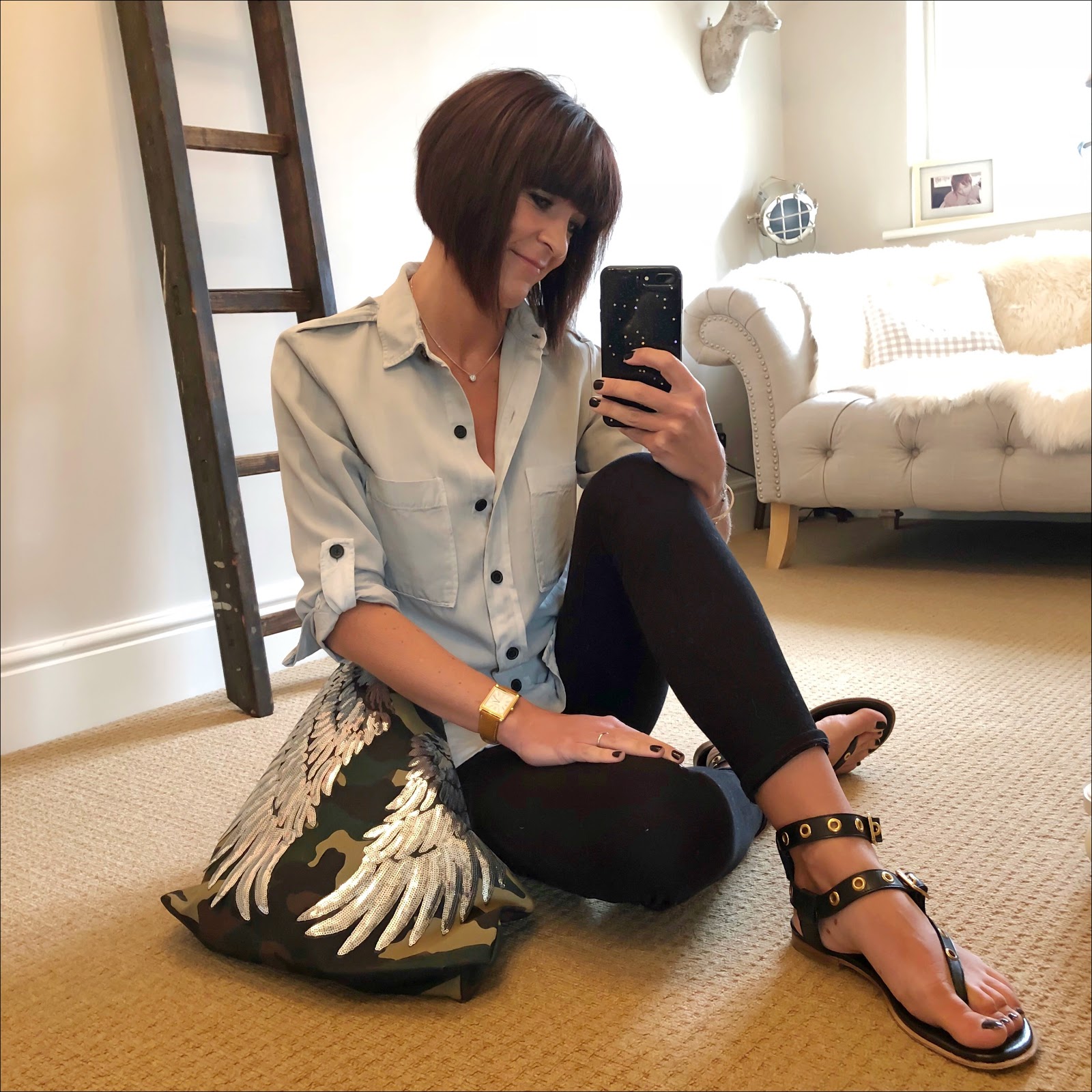 my midlife fashion, zara flowing military shirt, j crew 8 toothpick jeans in true black, iro eyelet leather sandals, j crew camouflage tote, sequin angel wings