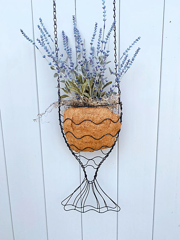 hanging fish planter with a faux lavender plant