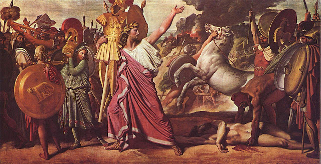 Ромул, победитель Акрона, тащит богатую добычу в храм Юпитера